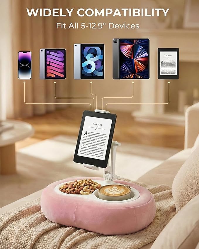 Tablet Pillow Stand, Compatible with 5"-12.9" Kindle, iPad, Phone/Tablet, Google, Samsung, 360° Rotating Phone Holder for Bed, Soft Plush Fabric, Detachable Bowl, Reading and Relaxation on Bed, Pink