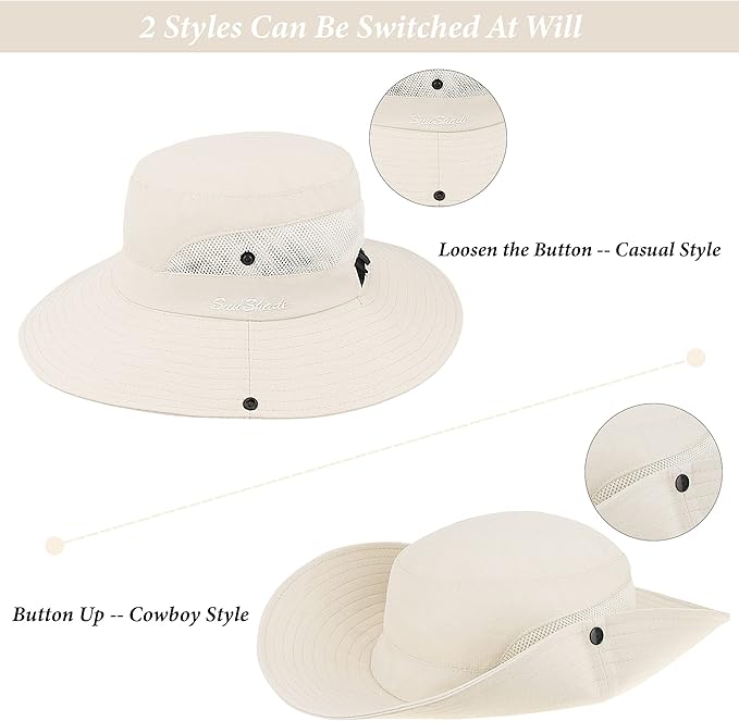 Sun Hat for Women Summer UV Protection Beach Hat Wide Brim Mesh Bucket Fishing Hat with Ponytail Hole Foldable Packable Hat