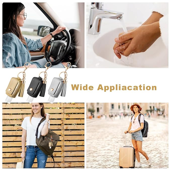 3Pcs Hand Sanitizer Keychain - 30ml Portable Leather Holder Travel Size Case With Refillable Bottle for Toiletry Lotion Liquid Soap Shampoo
