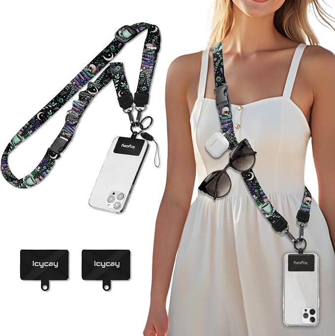 Icycay Phone Lanyard Crossbody, Gothic Skull Book Cell Phone Strap for Around The Neck Adjustable, Goth Teacher Anti Theft Cute Lanyard Case ID Holder Keys Accessories Travel Essential