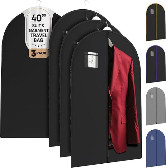 Your Bags Travel Garment Bag – Durable Zippered Single Suit Bag for Storage – Water-Resistant Clothes Cover - Hanging Garment Bags for Travel with ID Pocket – 40" x 24" - Black (Pack of 3)