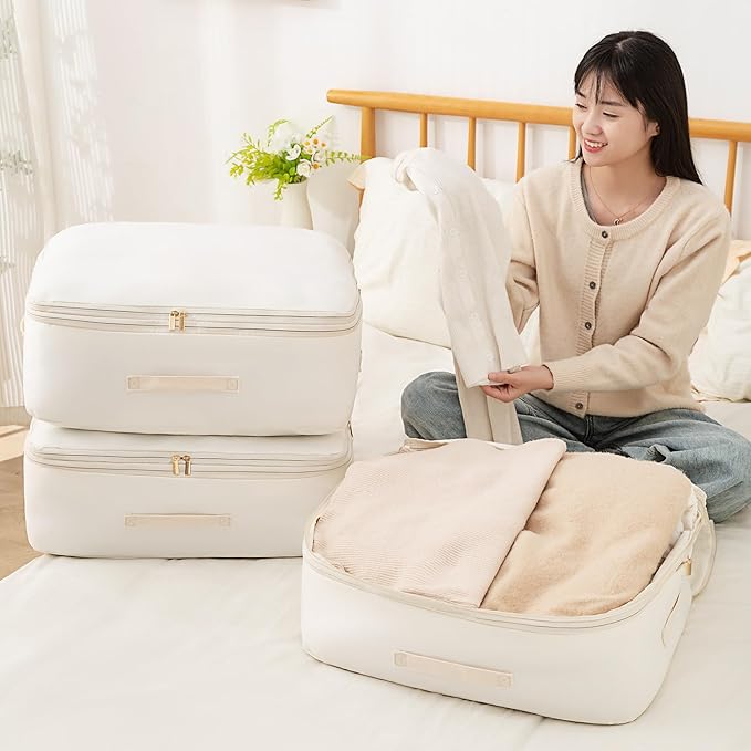 Ultra Space Saving Self Compression Organizer, Comforter Storage Bag for Clothes, Blankets, Pillows, Duvet, Comforters, Bedding Sets and Much More (Khaki,X-L - 54 * 42 * 60cm)