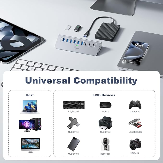Powered USB Hub 10Gbps, intpw YH6AC 9-Port USB 3.2 /USB C Hub with USB A/USB C 3.2, 4 USB 3.0, 2 PD 45W Charging Port, 65W Power Adapter + 5FT Cable, Aluminum USB Hub for PC, iPhone 17/16/15/Laptop