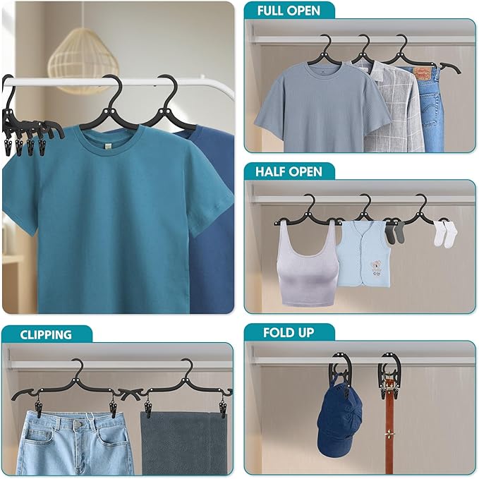 15 Pcs Travel Hangers with 30 Clips Portable Foldable Travel Hanger Organizer, Plastic Cruise Ship Essentials 2026 Clothes Hanging Rack Folding Hangers for Travel Camping Fly RV Europe Suitcase Black