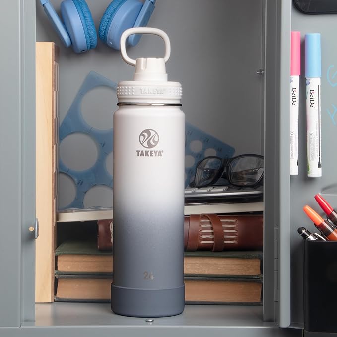 Takeya Actives Stainless Steel Water Bottle, Insulated Spout Lid, Keeps Drinks Cold 24 Hrs, Leakproof, Durable, Dishwasher Safe, Ideal for Gym, Travel, Fits Most Cup Holders, 24 oz/Ombre Morning Mist