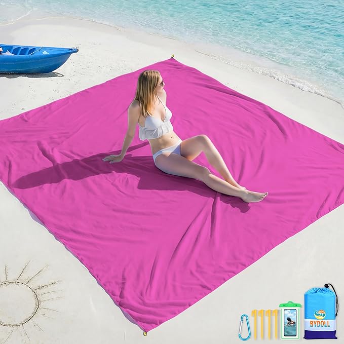 BYDOLL Beach Blanket Waterproof Sandproof Large Sand Free,78''X81''/10'X9' Oversized Sandless Lightweight Blanket Picnic Mat for Beach Travel Camping Hiking with Stakes