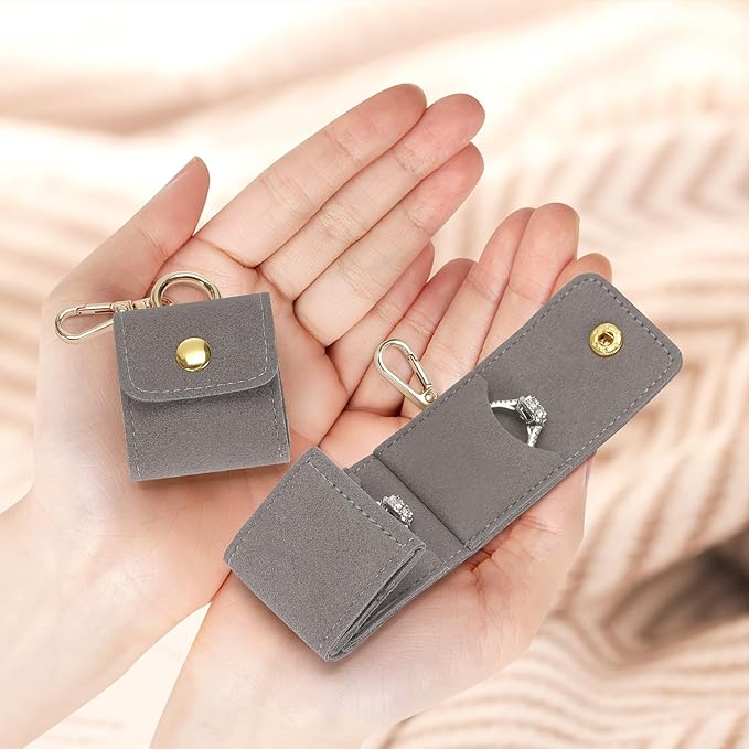KUKUVR Mini Jewelry Holder Pouch with Keychain, Portable Travel Jewelry Organizer Box for Rings Earrings Necklace Stud, Small Velvet Jewelry Storage Bag for Gym Women (Grey)