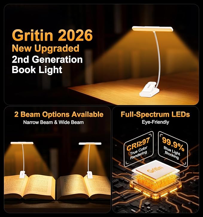 Gritin 2026 Gen 2 Book Light for Reading- 32 Eye Caring Full Spectrum LED, 5 Colors & 5 Brightness, Adjustable Wide/Narrow Beam, Upgrade 1500mAh Long-Lasting Clip on Light for Book Lovers-White