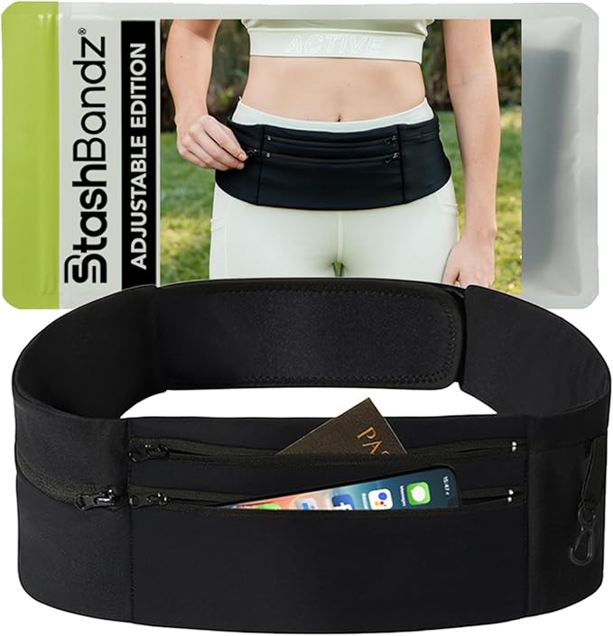 StashBandz Running Belt with Water Bottle Pocket – Adjustable No-Bounce Waist Pack, 3 Zippered Pockets & Key Clip, Sports Fanny Pack & Travel Money Belt, Fits Any Size Phone, Passport & More