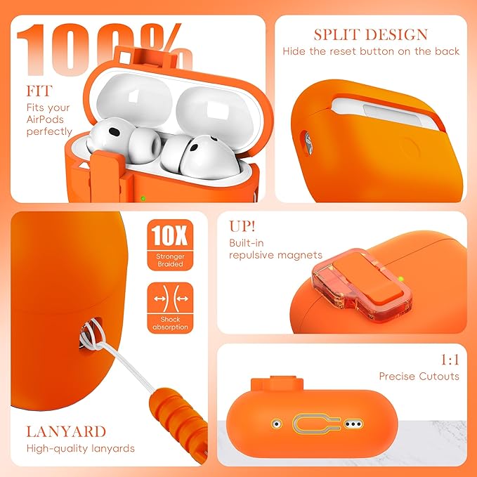 R-fun for AirPods Pro 3 Case with Cleaning Kit, Soft Liquid Silicone Rubber Protective Cover, Compatible with AirPods Pro 3rd Generation Case (2025), Compatible with MagSafe, Orange
