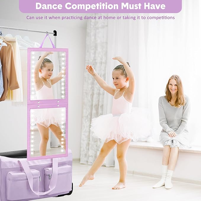 Fabuday Lighted Hanging Mirror for Dance Backstage - Rechargeable Folding LED Full Length Mirror with Lights for Dancers, Portable Foldable Travel Body Mirrors, Brightness Adjustable, Purple