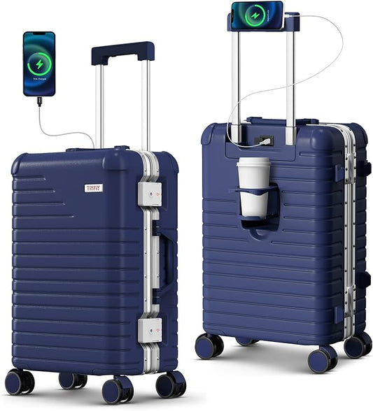 20 Inch Carry on Luggage with Cup Holder, Airline Approved 22x14x9 Aluminum Frame PC Hard Shell Suitcase, 360° Spinner Wheels, TSA Lock for Short Trips and Business Travel