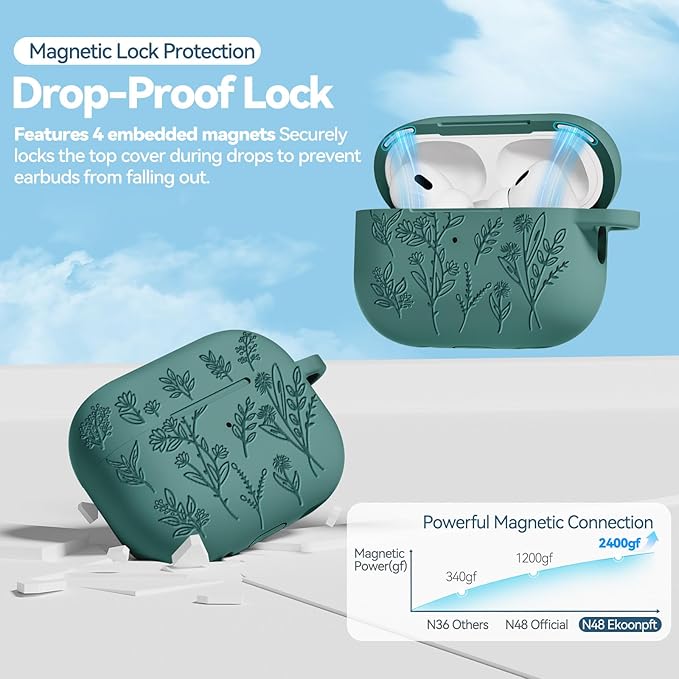 for AirPods Pro 2 Case with Magnetic Lid, Ekoonpft Flower Engraved Silicone Case for Apple AirPods Pro 2nd/1st Generation (2023/2022/2019) Cover with Cleaning Kit & Keychain