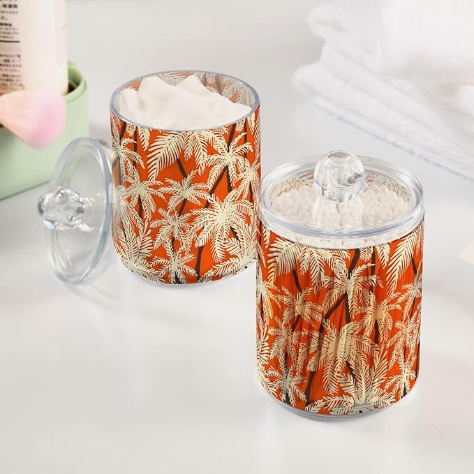 2 Pack Qtip Holder Organizer Dispenser Palm Trees Orange Color Bathroom Storage Canister Cotton Ball Holder Container for Cotton Pads/Swabs/Floss