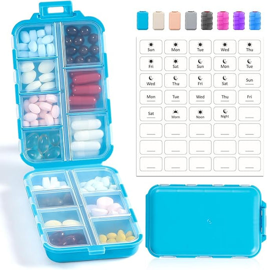 14 GRIDS Travel Pill Organizer Box with Labels - Travel Medicine Case Kit - Pocket Daily Pharmacy Container - Travel Medication Holder Dispenser for Fish Oil Vitamin Supplement Storage - Blue