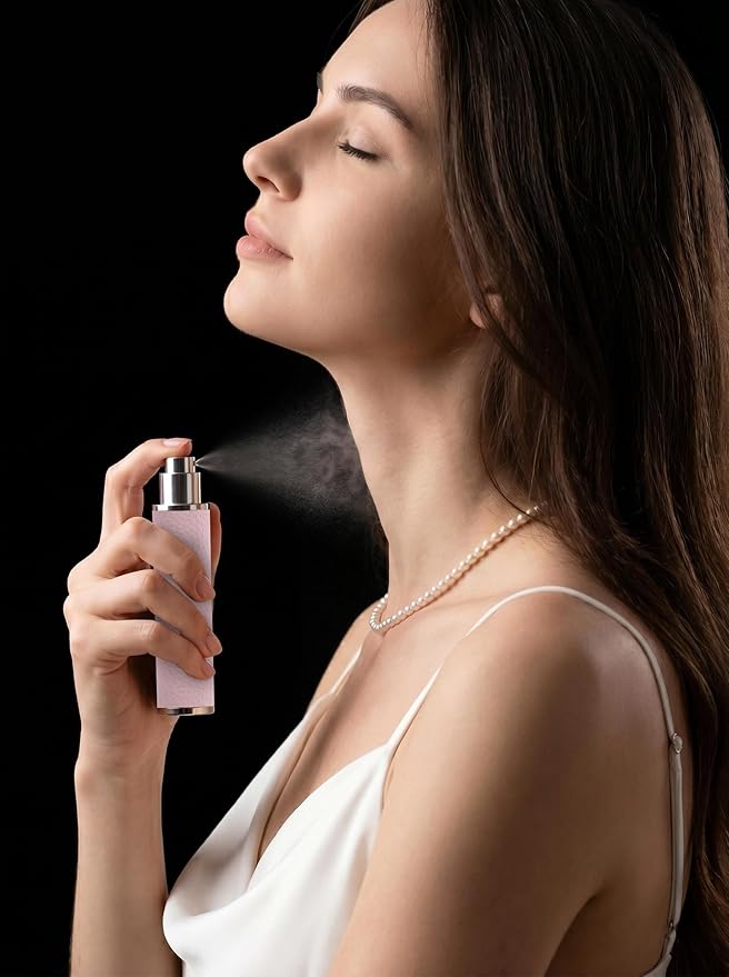 12ml Genuine Leather Perfume Atomizer Refillable, Portable Mini Cologne Sprayer with Magnetic Cap & 3 Refill Tools, Luxury Travel Size Fragrance Spray Bottle for Men & Women (Pink)