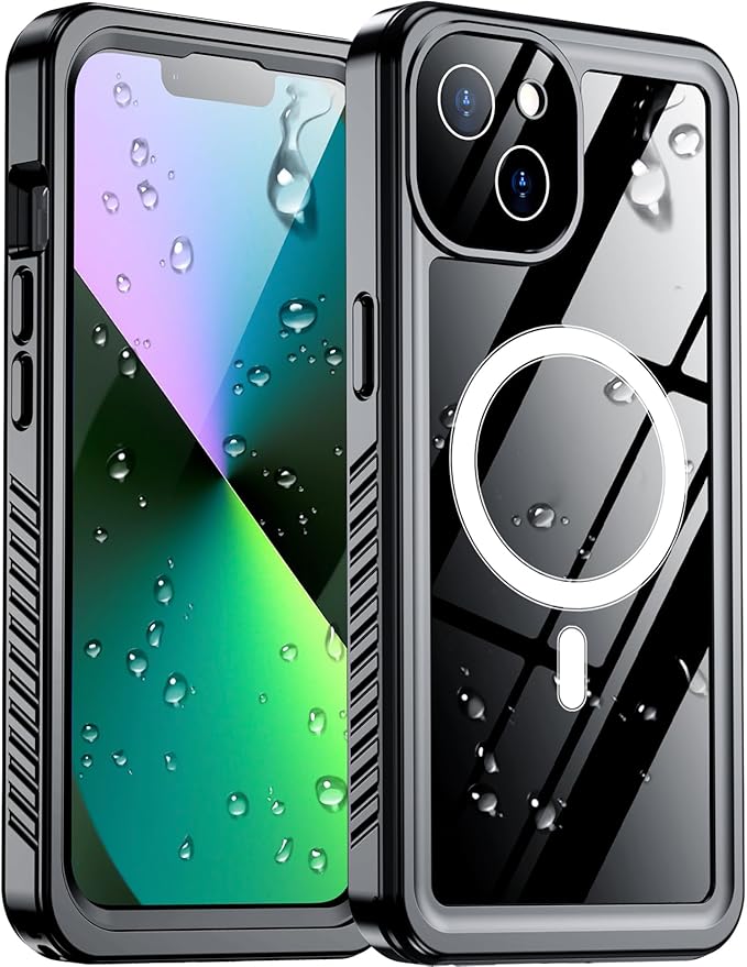 Compatible with iPhone 13 Case Waterproof, Built-in Screen & Camera Protector IP68 Underwater Full Body 13FT Military Dropproof Shockproof Phone Case 6.1"-Black/Clear-Mag
