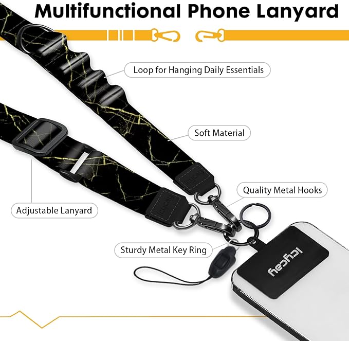Icycay Phone Lanyard Crossbody, Black Marble Cell Phone Strap for Around The Neck Adjustable, Anti Theft Cute Lanyard for ID Holder Keys Accessories Travel Essential