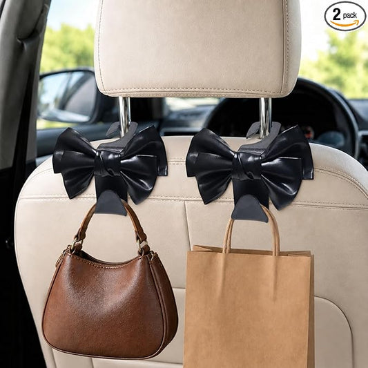 2 Pack Car Purse Hooks, Cute Bow Car Seat Headrest Hook Hanger for Purses and Bags, Space-Saving Car Accessory(black)