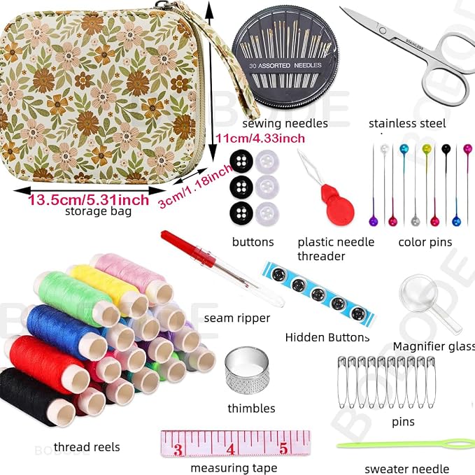 Printing Floral Sewing Kit with 18 Colors Sewing Thread Basic Hand Sewing Supplies,Portable Travel Sewing Kit for Adults & Beginners Repairs