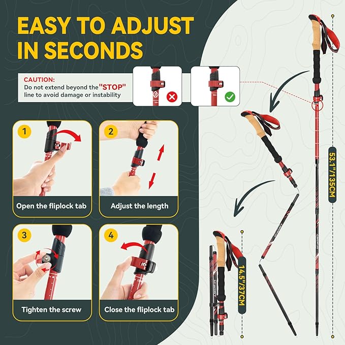 Clostnature Collapsible Trekking Poles for Hiking – Carbon Fiber Folding Hiking Poles, Telescopic Lightweight Trekking Sticks for Women, Men, Seniors, Retractable Nordic Walking Sticks for Climbing