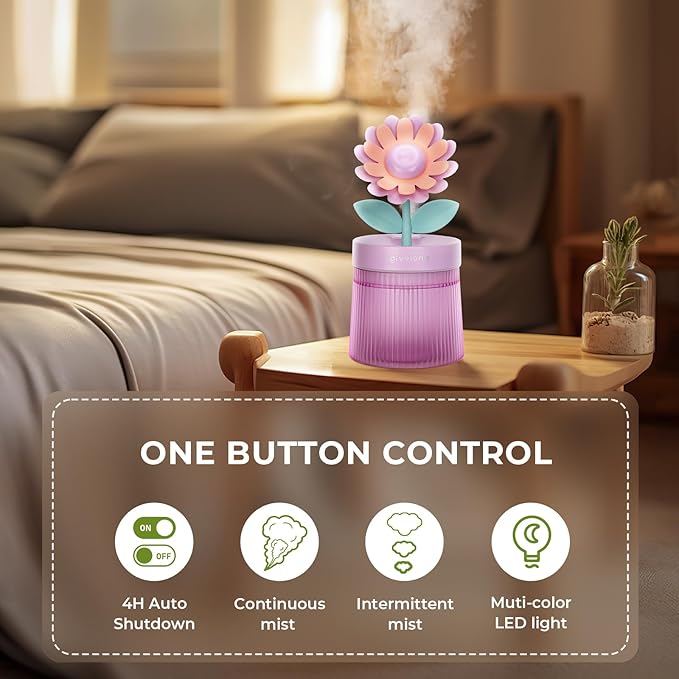 260ml Flower Mini Humidifier, Purple Sunflower Desktop Small Humidifiers, Personal Cool Mist Humidification, USB Desk Humidifier for Bedroom, Office, Travel & Indoor Plants