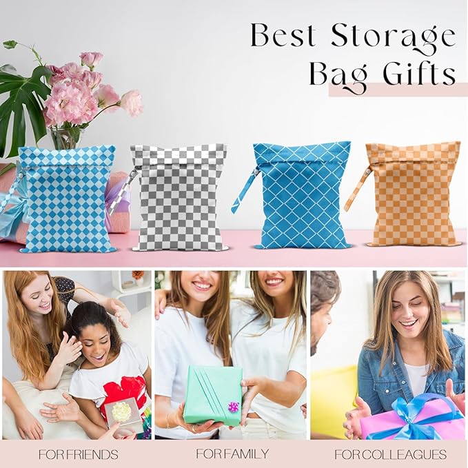 Wet Bag, 4Pcs Wet Dry Bag Set, Reusable Waterproof Bags with Colorful Plaid Prints for Women, Great for Beach Getaways, Pool Visits, Travel & Daily Item Storage