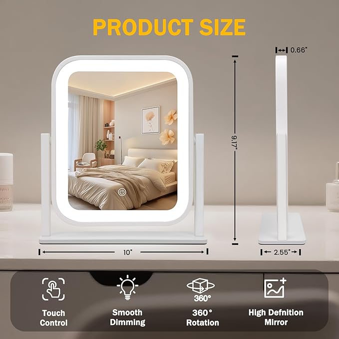 Rechargeable Vanity Mirror with Lights, 1500mAH, 10"×9" Makeup Mirror with Lights, Smart Touch with 3-Color Lighting, 360° Rotation, Portable LED Desk Mirror, Bedroom (White)