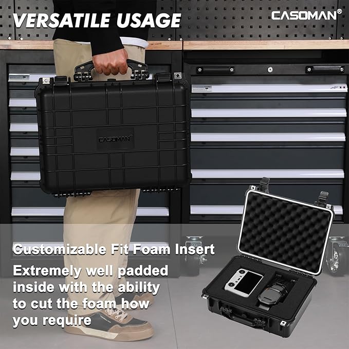 CASOMAN Water-proof Box, with Cush- Proof Sponge, IP67 Water Proof Grade, Large Waterproof Hard Case with Customizable Foam, Perfectly Protection of Camera, Drones, Lens,Equipments, 16"x13.2"x7"