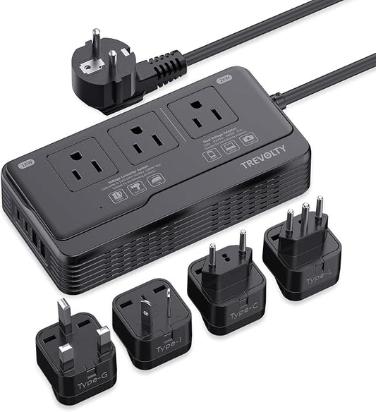 2000W Voltage Converter US to Europe for Hair Dryers, 7-in-1 220V to 110V Converter for European Travel with 3 AC/2 USBA/2 USBC Ports, Universal Power Converter Adapter Combo with EU/UK/IT/AU Plug