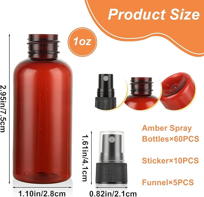60 Pcs 1 oz Amber Spray Bottles with Sticker and Funnel, Anti-UV Fine Mist Mini Spray Bottles, Refillable Small Spray Bottle Travel Spray Bottle for Essential Oils and Various Liquids