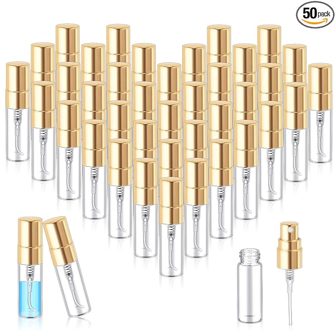 Zhehao 50 Pcs Mini Spray Bottles 3 ml Clear Glass Perfume Bottles Refillable Fine Mist Perfume Atomizer Portable Empty Sample Containers for Cleaning, Essential Oils, Travel (Gold Cap)