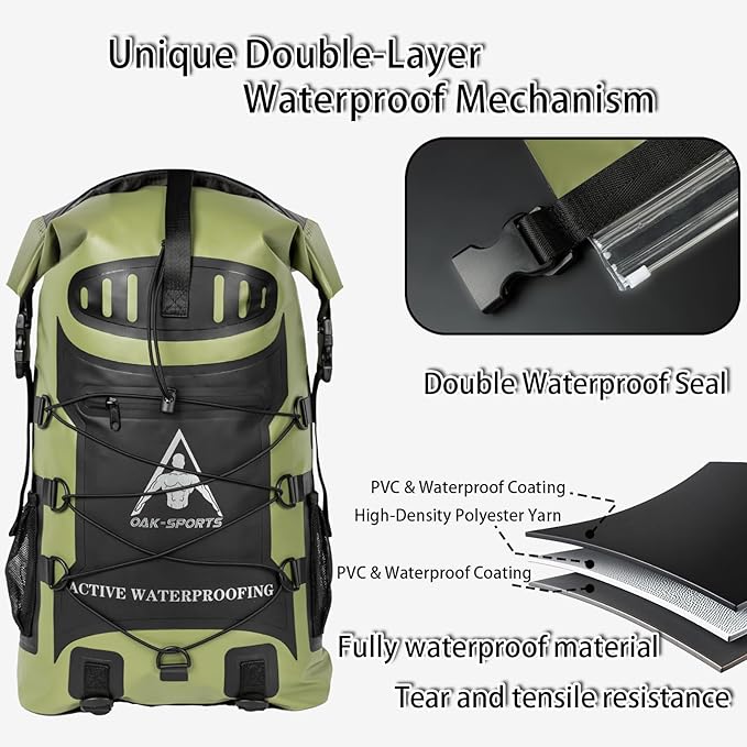 Oak-Sports Dry Bag Waterproof Backpack 5L/10L/20L, Roll Top Lightweight Beach Bag with Double Zipper Seal for Swimming, Kayaking, Hiking, Boating, Adjustable Shoulder Strap