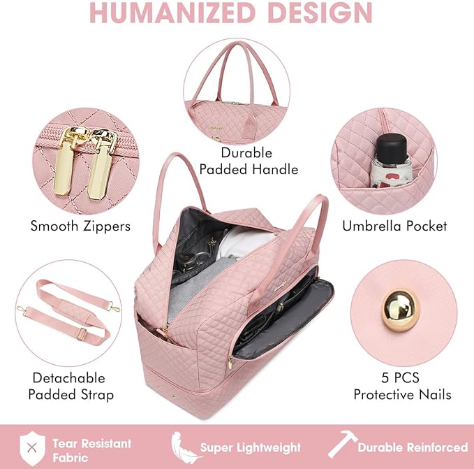 Initial Travel Duffle Bag for Women - Pink Personalized Weekender Bags Overnight Bag with Shoe Compartment & Wet Pocket Weekend Tote Bags with Toiletry Bag Monogram Xma Gifts (Letter L)