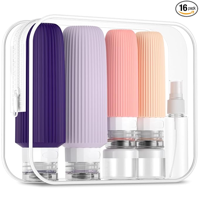 Mrsdry 16 Pack Travel Bottles for Toiletries, Large 6oz Silicone Travel Containers with No-Drip Valve and Wide Opening