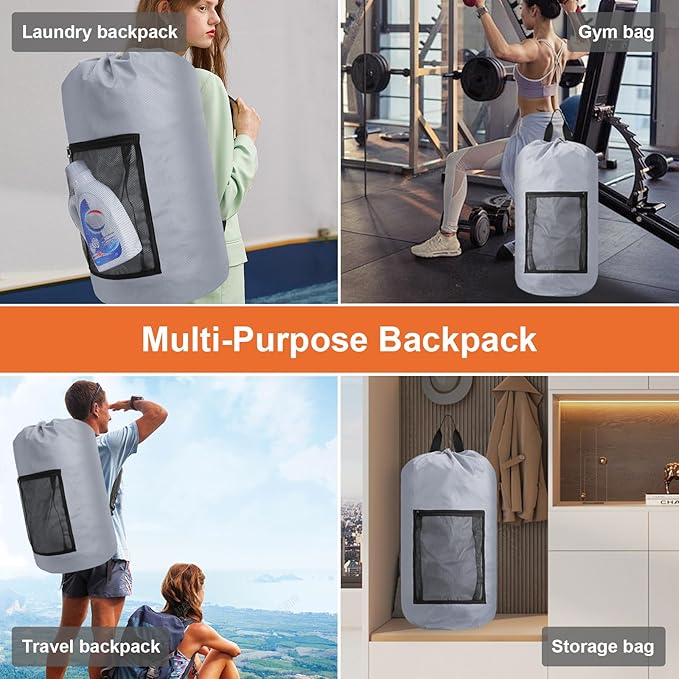 Laundry Bag Backpack Durable Laundry Bag with Shoulder Straps and Mesh Pockets Portable Laundry Hamper Dirty Clothes Bag for College, Travel, Laundromat, Apartment (Gray)