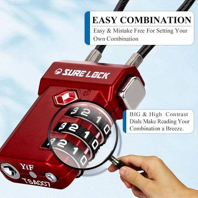 SURE LOCK TSA Approved Luggage Locks with Open Alert Indicator, 3 Digit Combination Cable Travel Lock for Suitcase, Backpack, Gym Locker, Toolbox, Carry On & Travel Bag