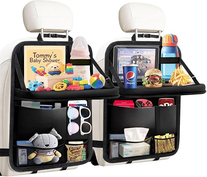 TCJJ Car Seat Organiser, Car Organiser Back Seat for kids, Car Backseat Seat Kick Protector with Tray and Touch Screen Tablet Storage Pockets Black/2 Pack