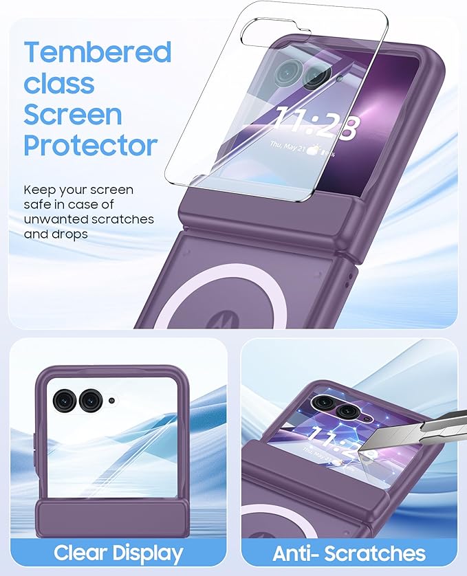 Magnetic for Motorola Razr+ Plus 2026,Razr+ 2025/2024 Case,Hinge Protection, Screen Protector, Compatible with MagSafe, Translucent Frosted, Shockproof Cover for Razr+ 2026/2025/2024-Purple