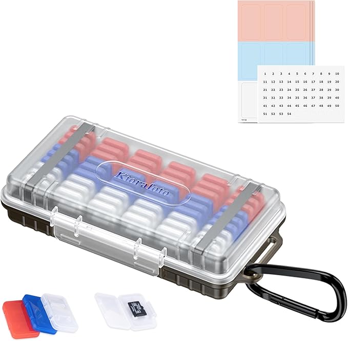 54 Slots MicroSD Card Case with 54 Individual Clear Plastic TF Card Cases for 54x Micro SD MicroSDHC MicroSDXC MSD Cards,Water-Resistant Camera Memory Card Holder with Carabiner & Labels - Transparent