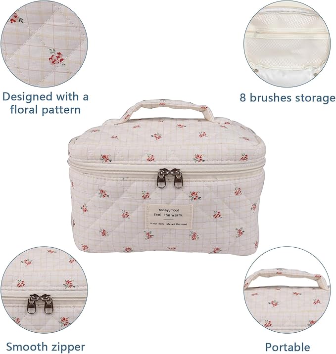Gosect Large Travel Quilted Makeup Bag for Women,Big Floral Cotton Cosmetic Bag, Cute Coquette Aesthetic Floral Toiletry Organizer Bag (Plaid-Flower)