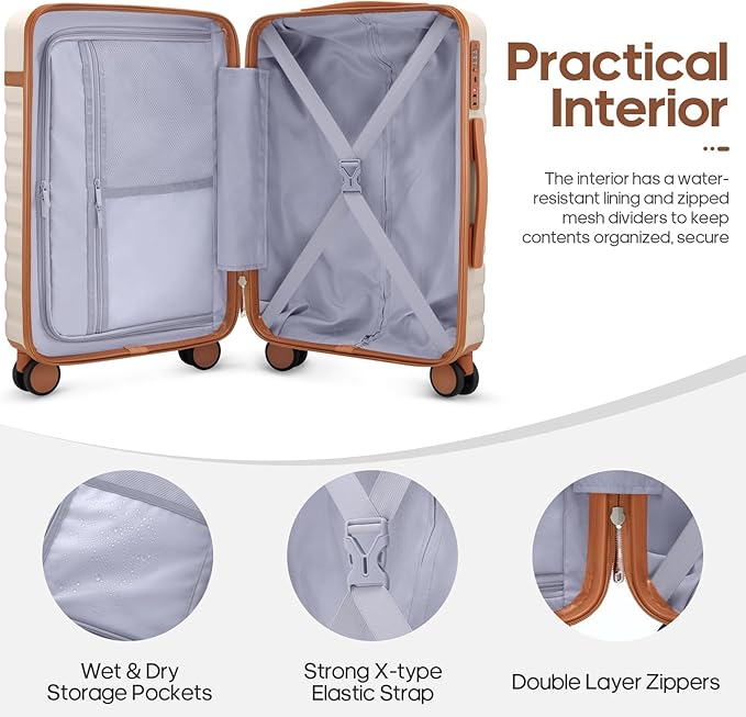 UKEIN Luggage Sets 3 Piece, PC Hardside Carry On Luggage 20 Inch With Spinner Wheels with TSA Lock, Carry On Suitcase Set With Travel Backpack for Men (Beige, 3 piece set (20/24/28inch))