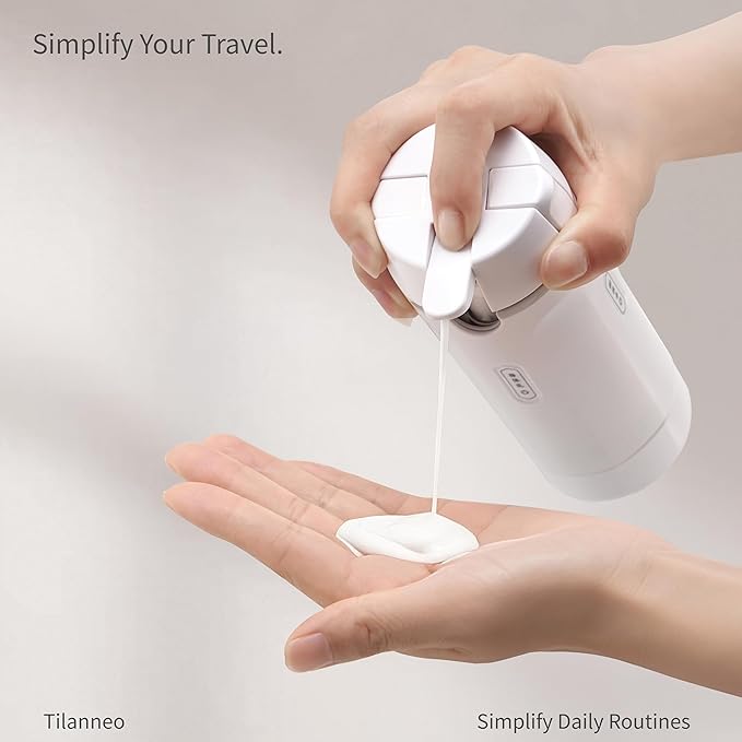4-in-1 Travel Bottles for Toiletries, Portable Leakproof Pump Dispenser with Foldable Locking Pump, TSA Compliant Refillable Travel Containers for Shampoo, Conditioner, Lotion & Skincare(White)