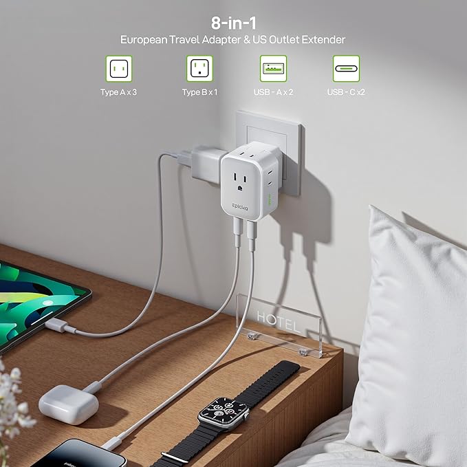 EPICKA Hybrid European Travel Plug Adapter,2-Pack Foldable Detachable Type C (EU) VisaPlug, 8-in-1 International Power Adapter with 4 USB Ports (2 USB-C PD 20W), US to Europe