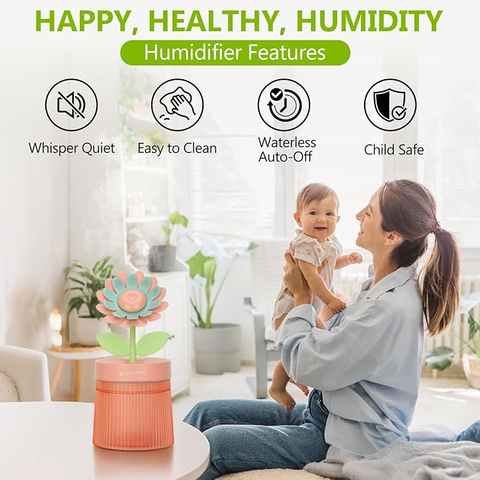 260ml Flower Mini Humidifier, Pink Sunflower Desktop Small Humidifiers, Personal Cool Mist Humidification, USB Desk Humidifier for Bedroom, Office, Travel & Indoor Plants