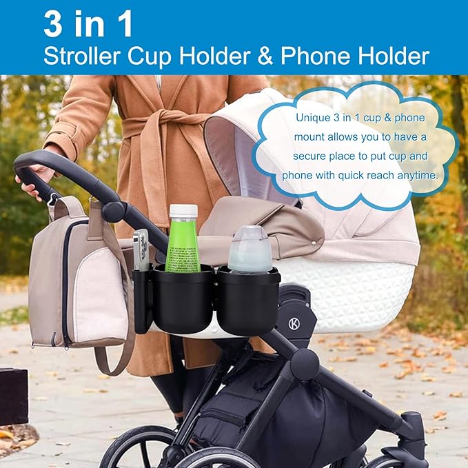 Accmor Stroller Cup Holder with Phone Holder, Bike Cup Holder, Universal Cup Holder for Uppababy Nuna Doona Strollers, 2-in-1 Cup Holder for Walker, Wheelchair, Scooter