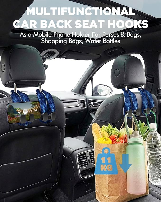 WOCOCN Purse Holder for Car, 2 Pack Heavy Duty Purse Hanger for Car, PU Leather Car Seat Hooks for Purses and Bags, Cute Starry Sky Headrest Organizer for Handbags & Backpacks