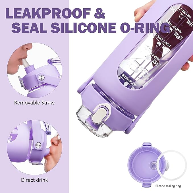 42oz Glass Water Bottles with Straw, Motivational Glass Bottle with Silicone Sleeve and Time Marker, Leakproof Large Glass Water Jug for Gym Home Office,Purple