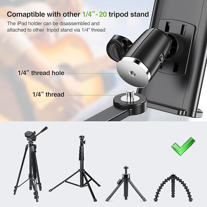 elitehood 12in Extra Long Arm iPad Mic Stand Mount, 360° Adjustable iPad Holder for Mic Stand, Tablet Holder for Microphone & Cymbal & Drum, Tablet Music Mount Fit 4.7-13in Devices