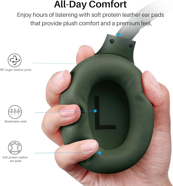 TOZO HT3 Hybrid Noise Cancelling Headphones, 90H Battery Life Wireless Over Ear Bluetooth 6.0 Foldable Headset, AI Voice Assistant with 5 Mics, Connect 2 Devices & Hi-Res Sound, 32 Audio EQ, with Case